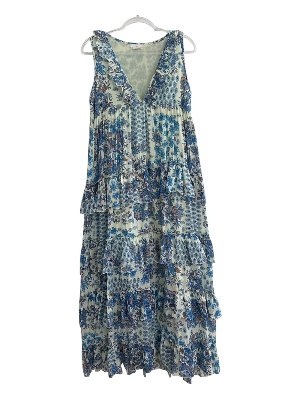 Guadalupe Kiliman Blue 100% Cotton Tiered Maxi Dress - Picture 3 of 7